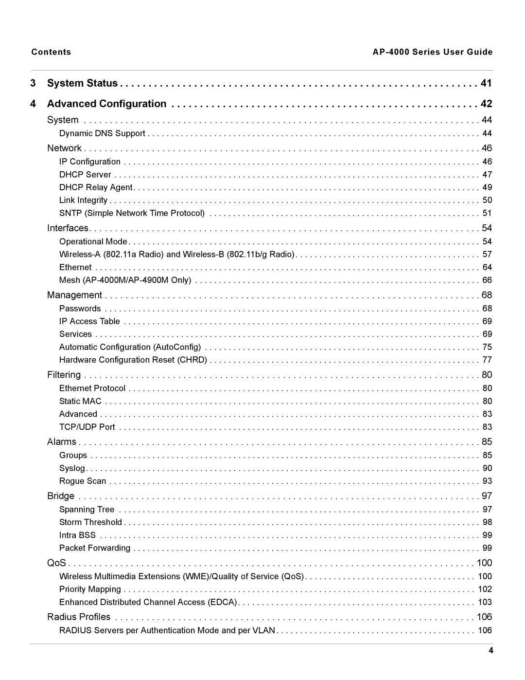 Proxim manual System Status 4 Advanced Configuration, Contents AP-4000 Series User Guide 