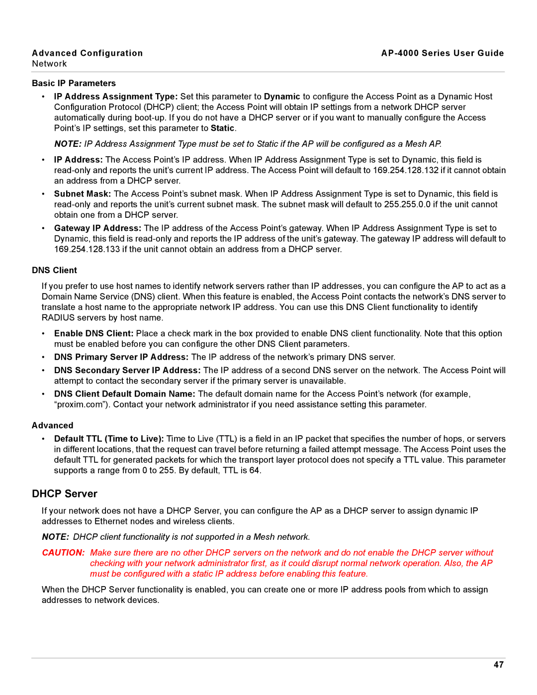 Proxim AP-4000 manual Dhcp Server, DNS Client, Advanced 