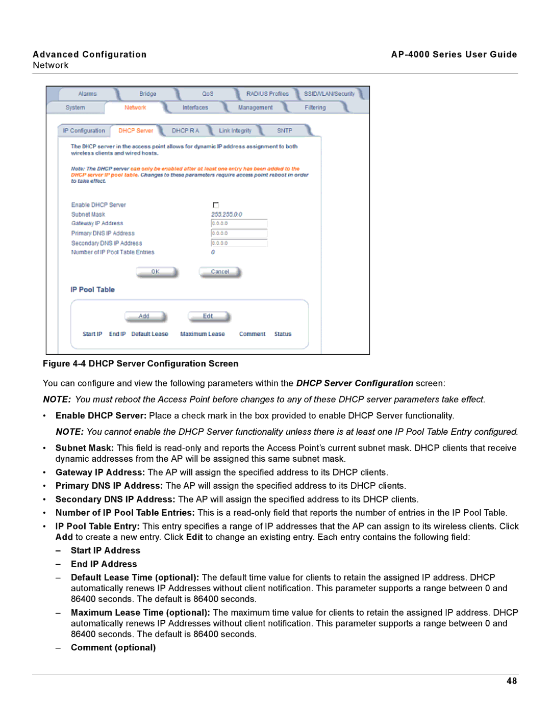 Proxim Advanced Configuration AP-4000 Series User Guide Network, Start IP Address End IP Address, Comment optional 