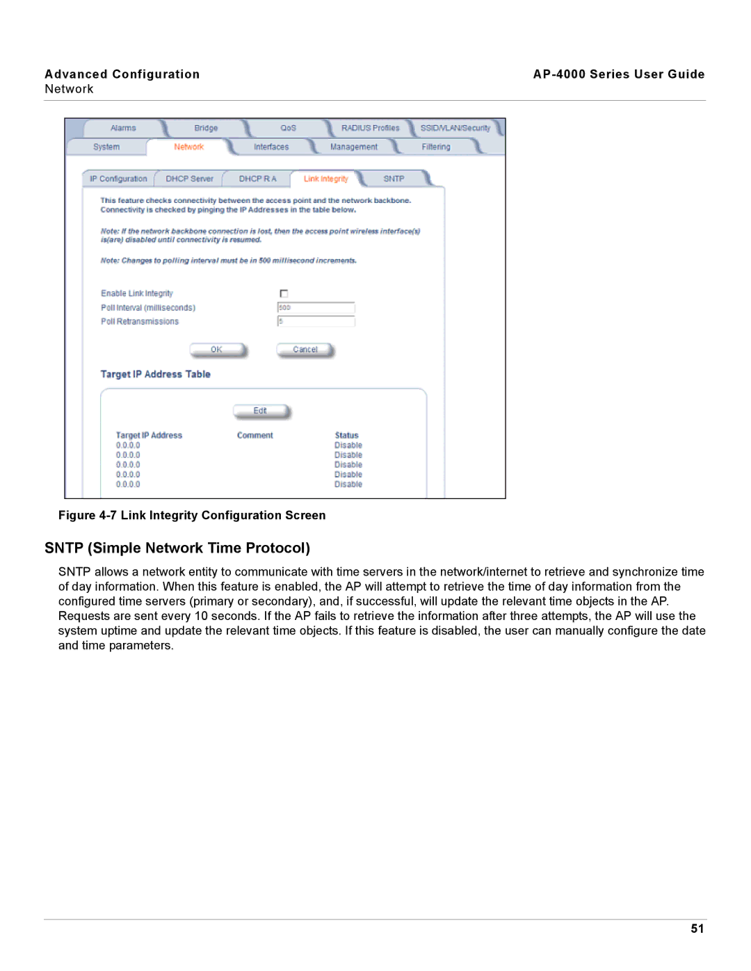 Proxim AP-4000 manual Sntp Simple Network Time Protocol, Link Integrity Configuration Screen 