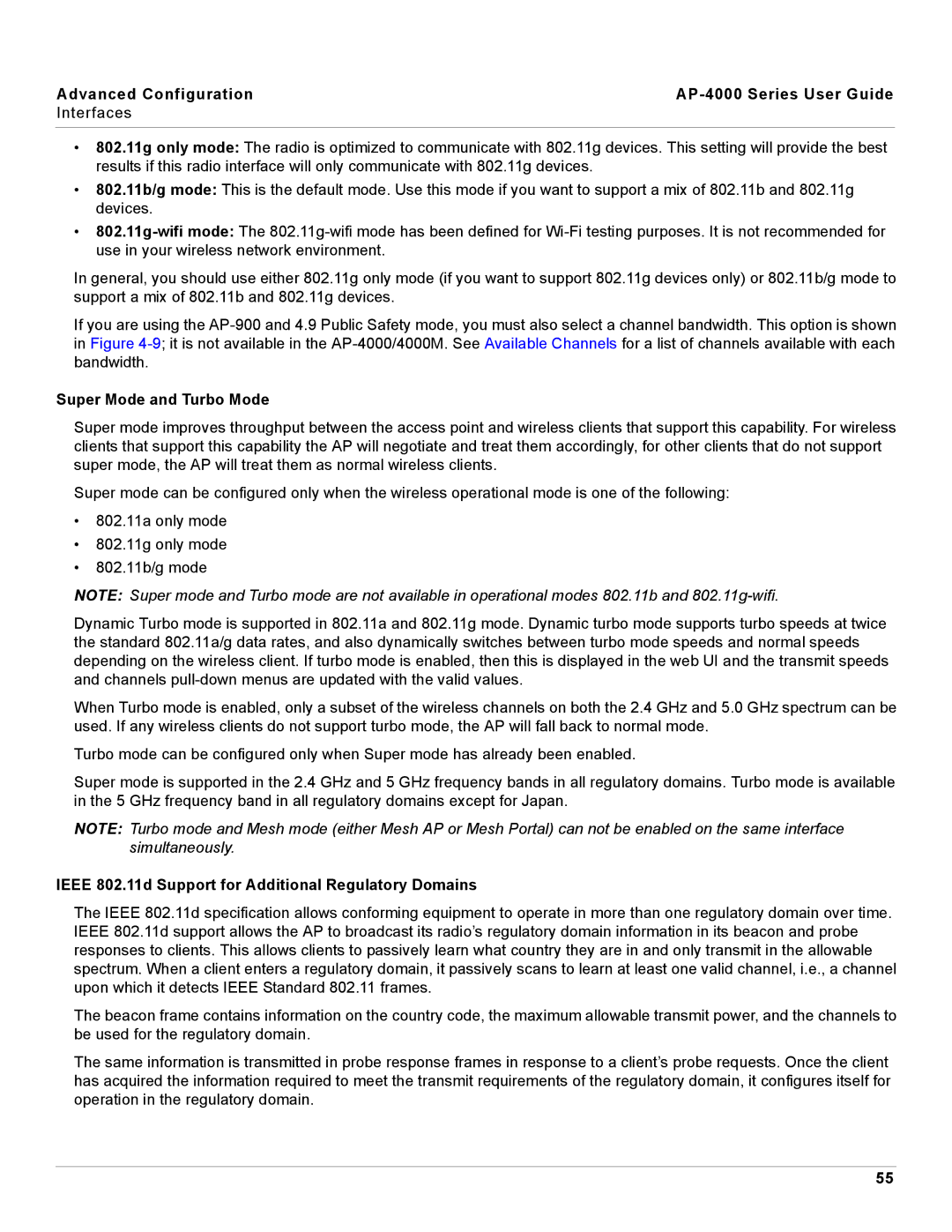 Proxim manual Advanced Configuration AP-4000 Series User Guide Interfaces, Super Mode and Turbo Mode 