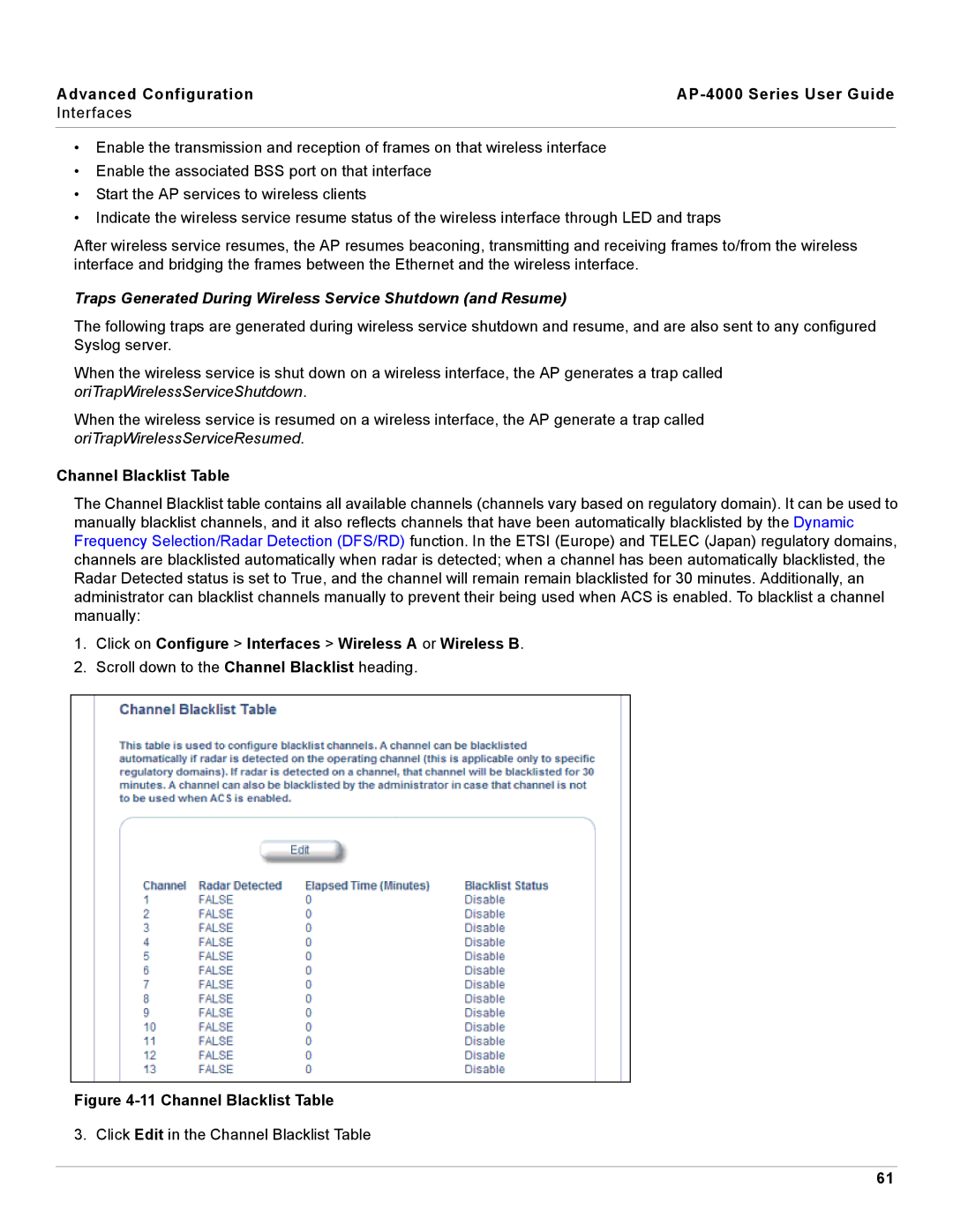 Proxim AP-4000 manual Traps Generated During Wireless Service Shutdown and Resume, Channel Blacklist Table 