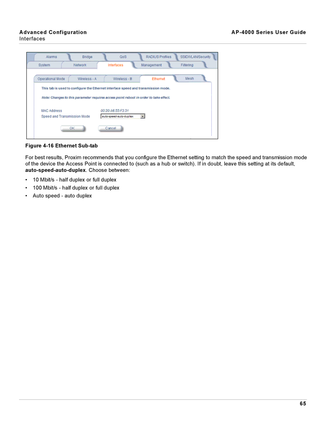 Proxim AP-4000 manual Ethernet Sub-tab 