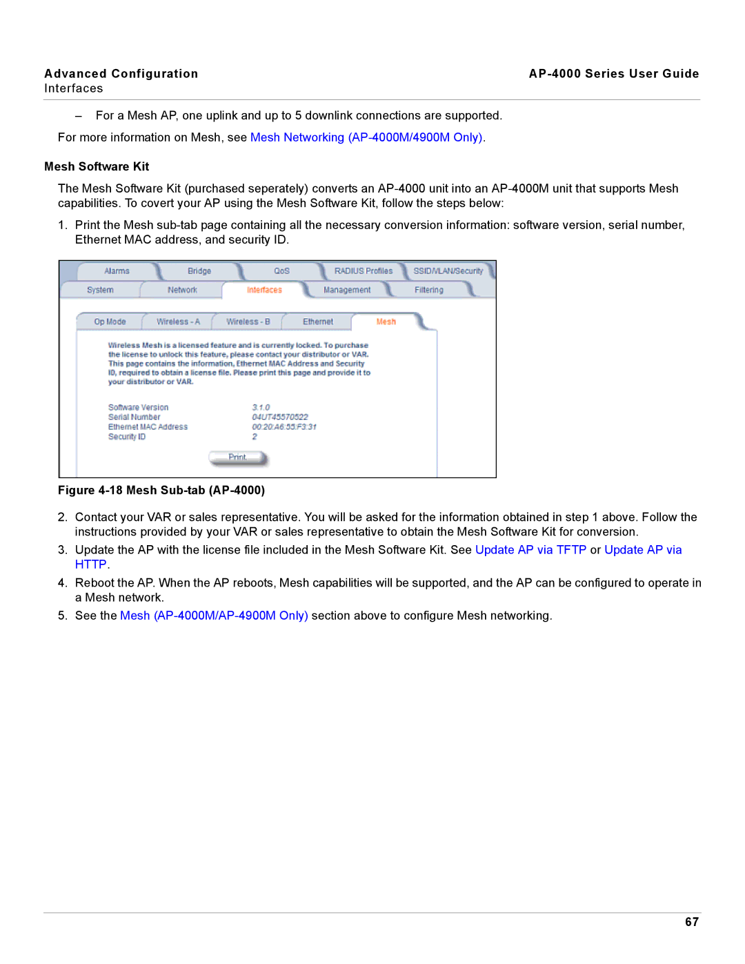 Proxim manual Mesh Software Kit, Mesh Sub-tab AP-4000 