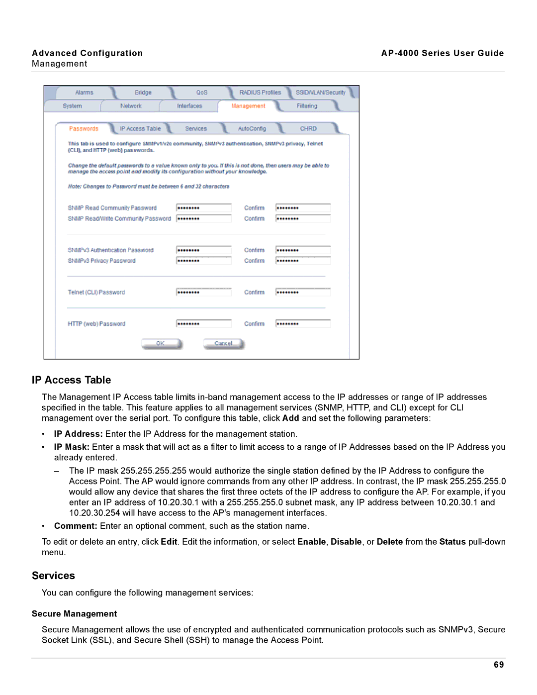 Proxim AP-4000 manual IP Access Table, Services, Secure Management 