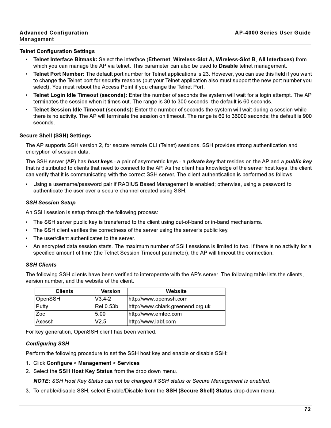 Proxim AP-4000 manual SSH Session Setup, SSH Clients, Configuring SSH 