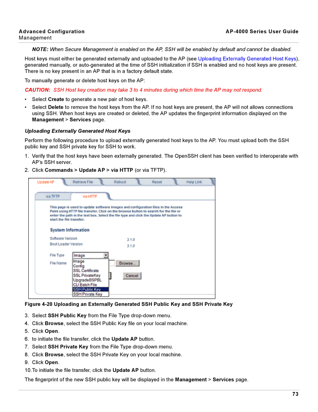 Proxim AP-4000 manual Uploading Externally Generated Host Keys, Click Commands Update AP via Http or via Tftp 