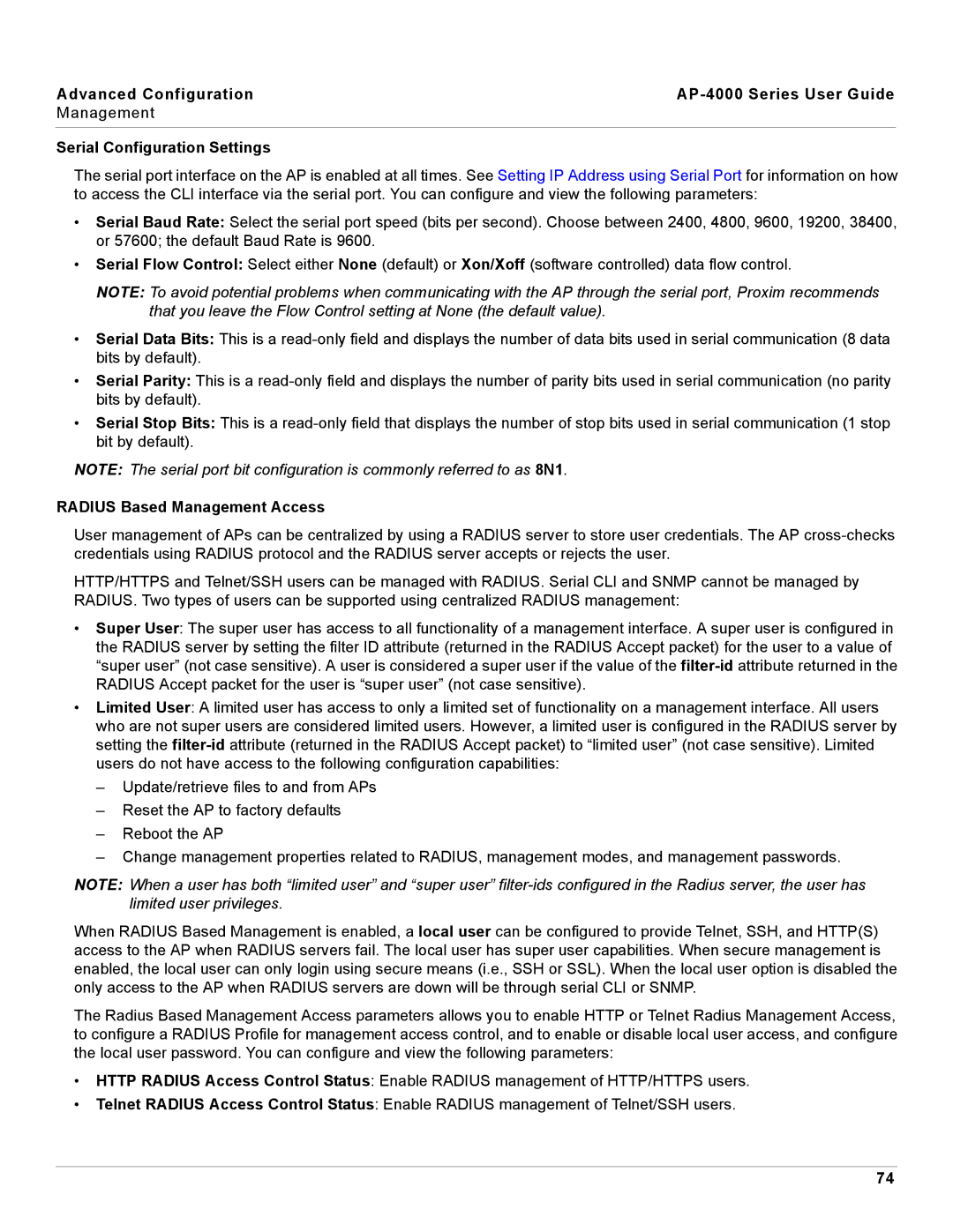 Proxim AP-4000 manual Serial Configuration Settings, Radius Based Management Access 