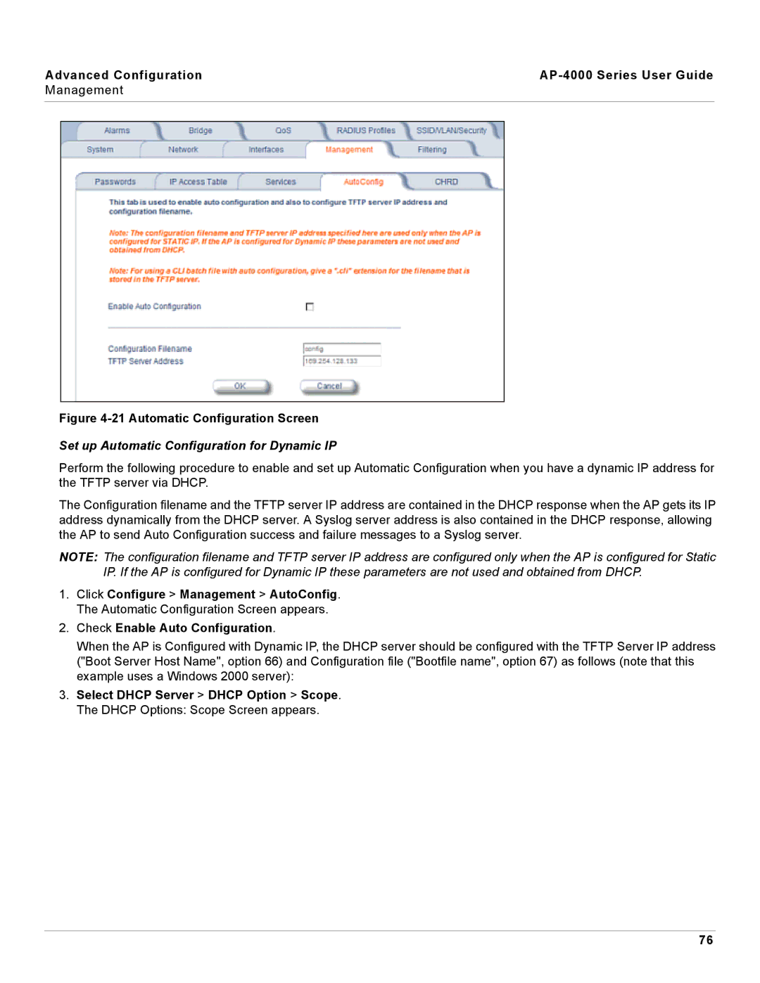 Proxim AP-4000 manual Automatic Configuration Screen, Set up Automatic Configuration for Dynamic IP 