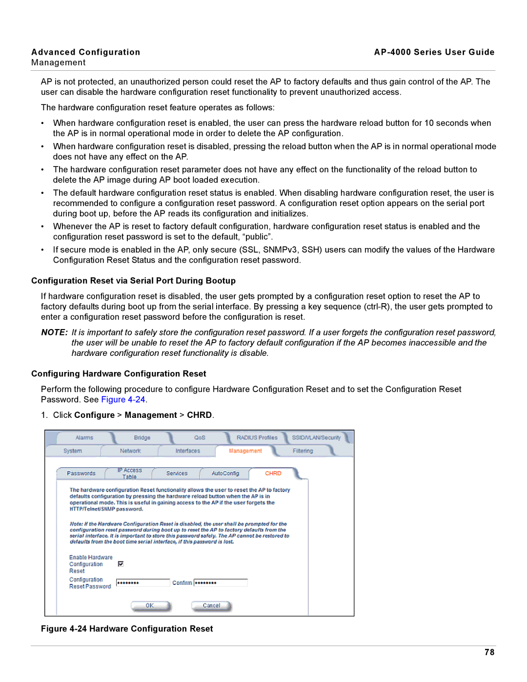 Proxim AP-4000 manual Configuration Reset via Serial Port During Bootup, Configuring Hardware Configuration Reset 