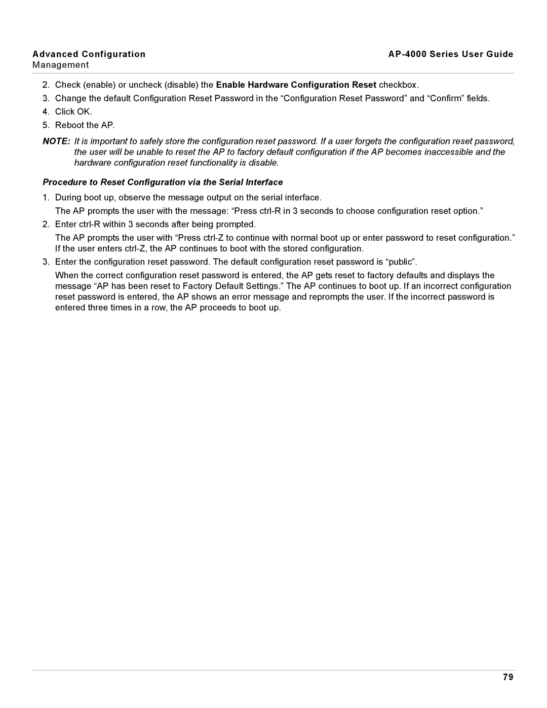 Proxim AP-4000 manual Procedure to Reset Configuration via the Serial Interface 