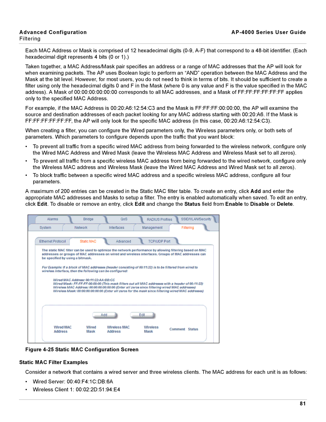 Proxim manual Advanced Configuration AP-4000 Series User Guide Filtering 