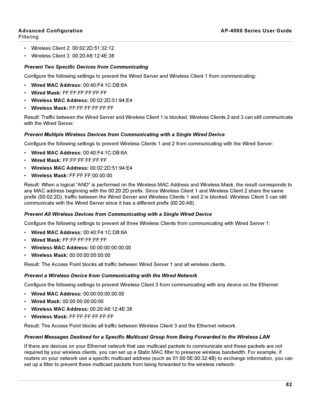 Proxim AP-4000 manual Prevent Two Specific Devices from Communicating, Wired MAC Address 0040F41CDB6A 