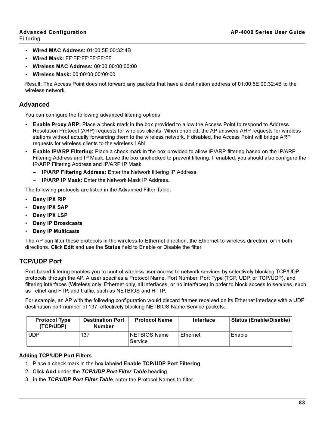 Proxim AP-4000 manual Advanced, Number, Click Add under the TCP/UDP Port Filter Table heading 