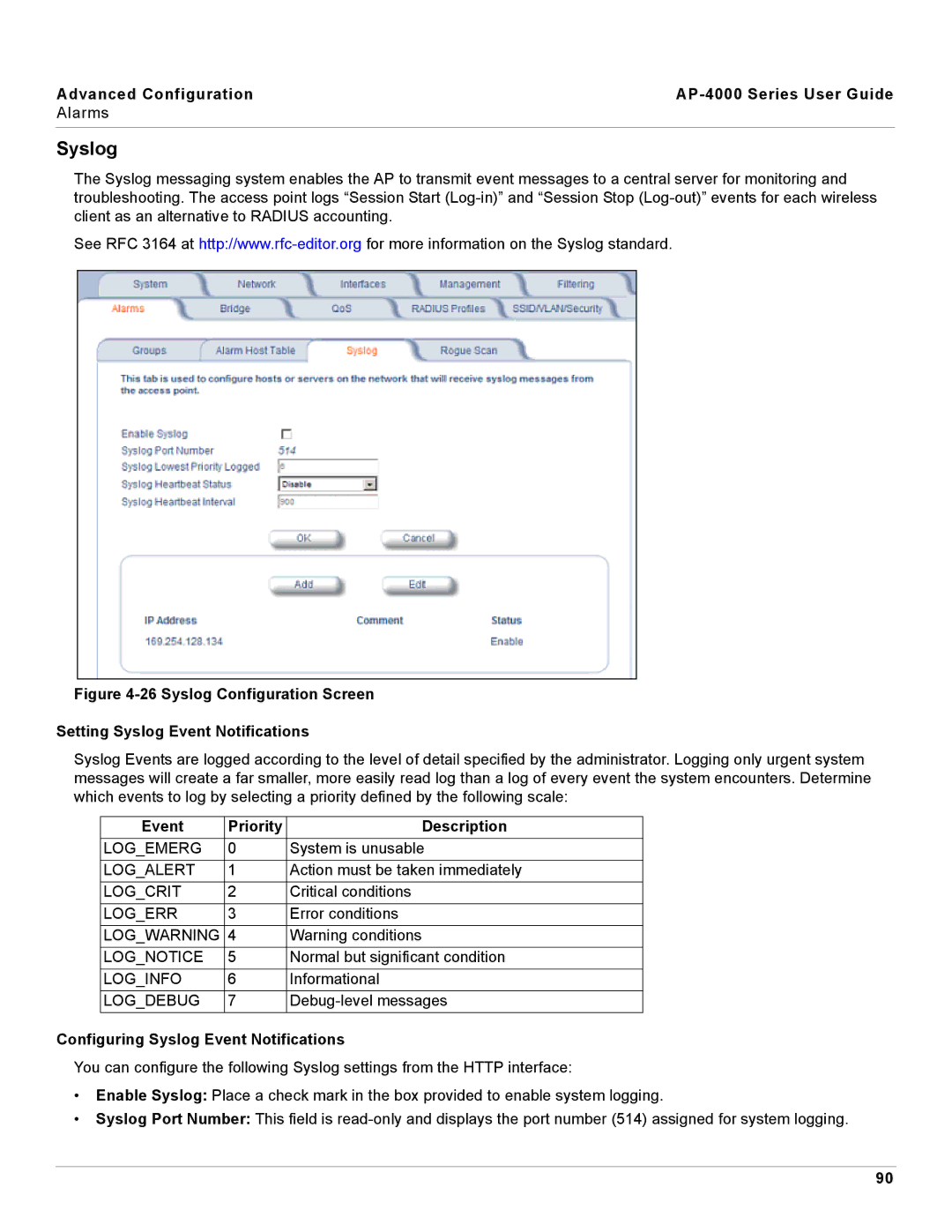 Proxim AP-4000 manual Event Priority Description, Configuring Syslog Event Notifications 