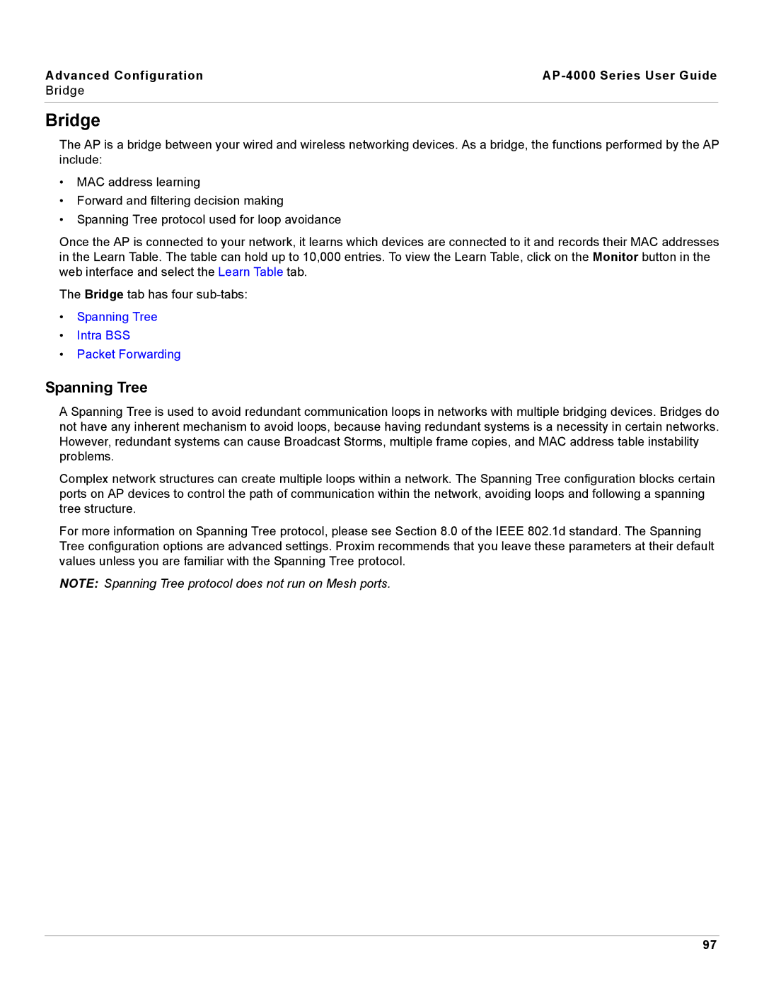 Proxim AP-4000 manual Bridge, Spanning Tree 