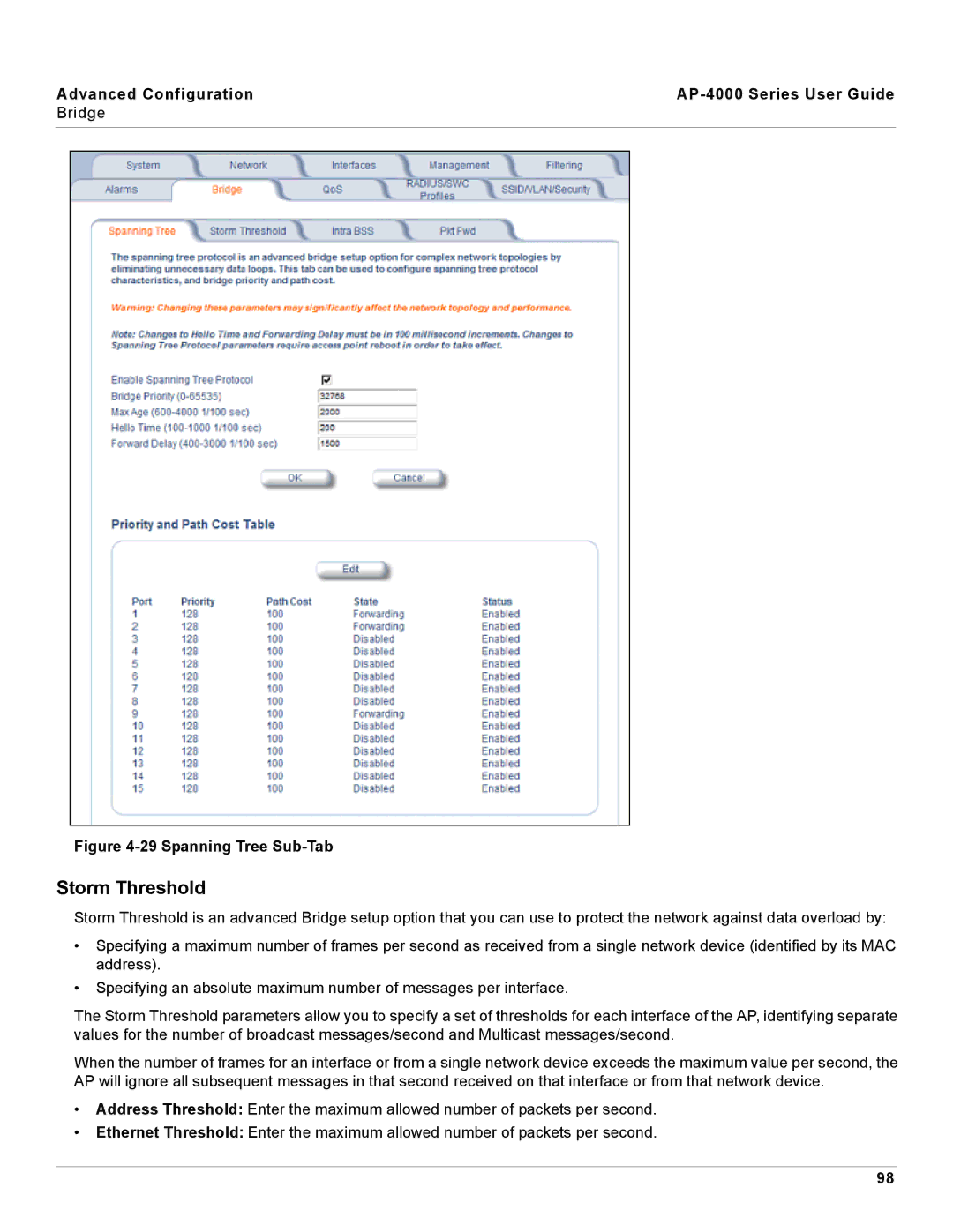 Proxim manual Storm Threshold, Advanced Configuration AP-4000 Series User Guide Bridge 