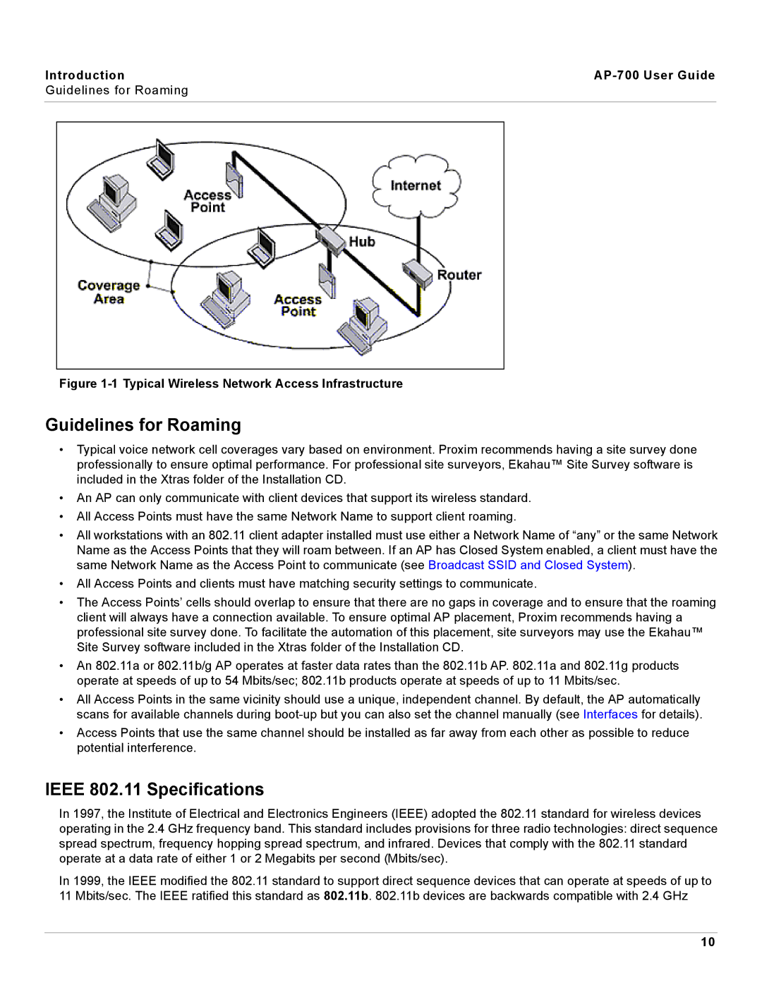 Proxim manual Guidelines for Roaming, Ieee 802.11 Specifications, Introduction AP-700 User Guide 