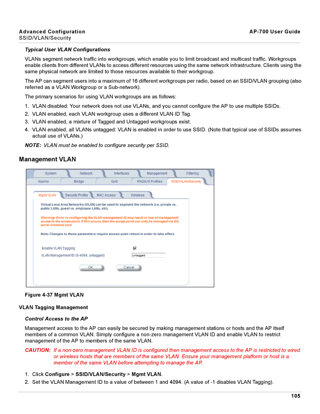 Proxim AP-700 manual Management Vlan, Typical User Vlan Configurations, Control Access to the AP, 105 