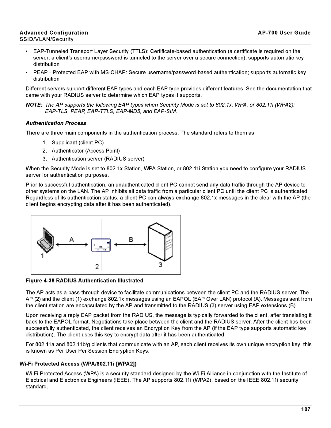 Proxim manual Advanced Configuration AP-700 User Guide SSID/VLAN/Security, Authentication Process, 107 