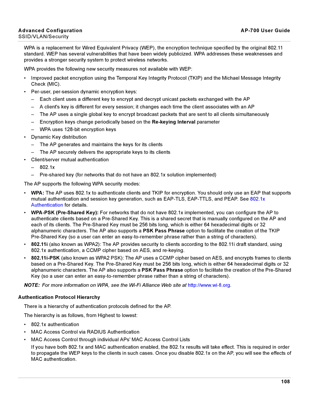 Proxim AP-700 manual Authentication Protocol Hierarchy, 108 