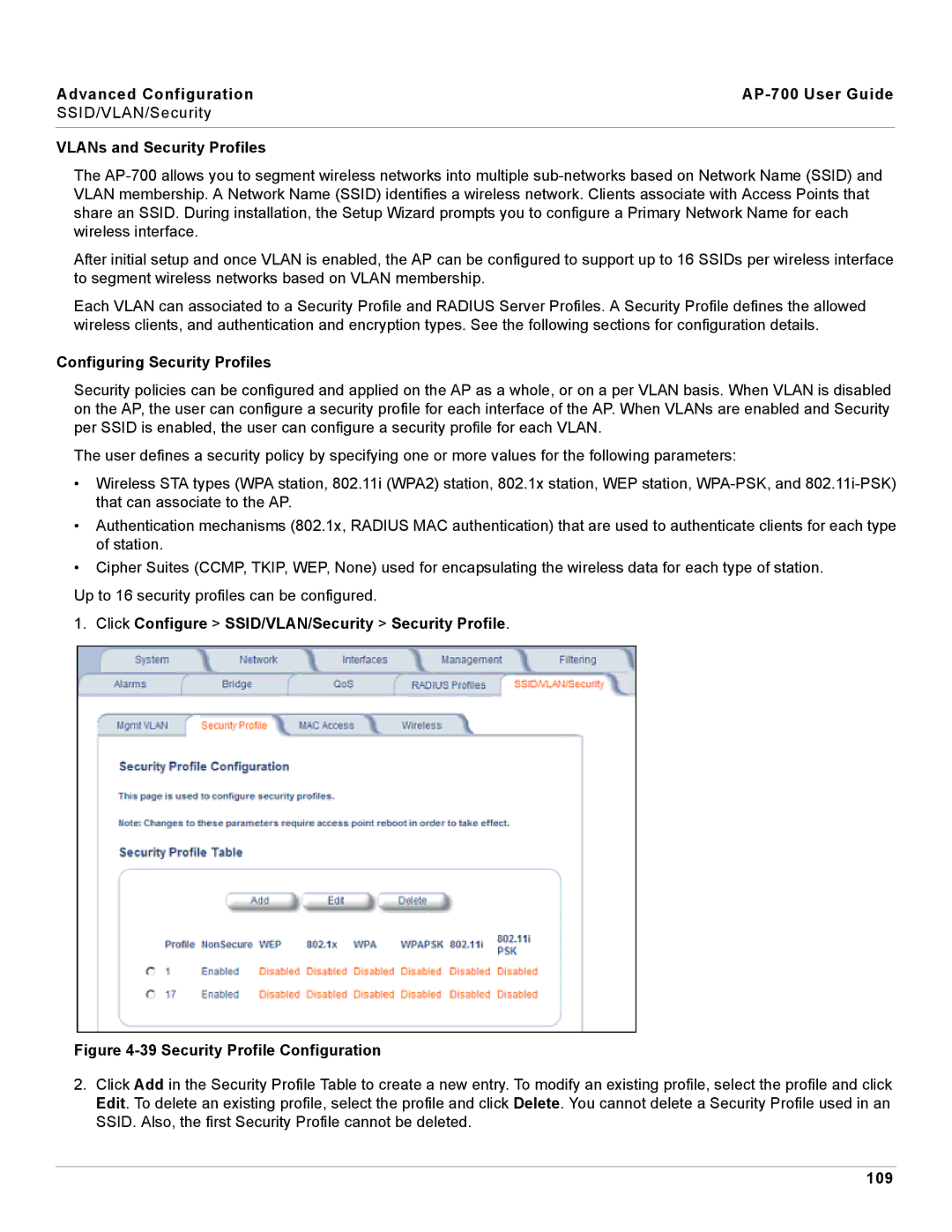 Proxim AP-700 manual VLANs and Security Profiles, Configuring Security Profiles, 109 