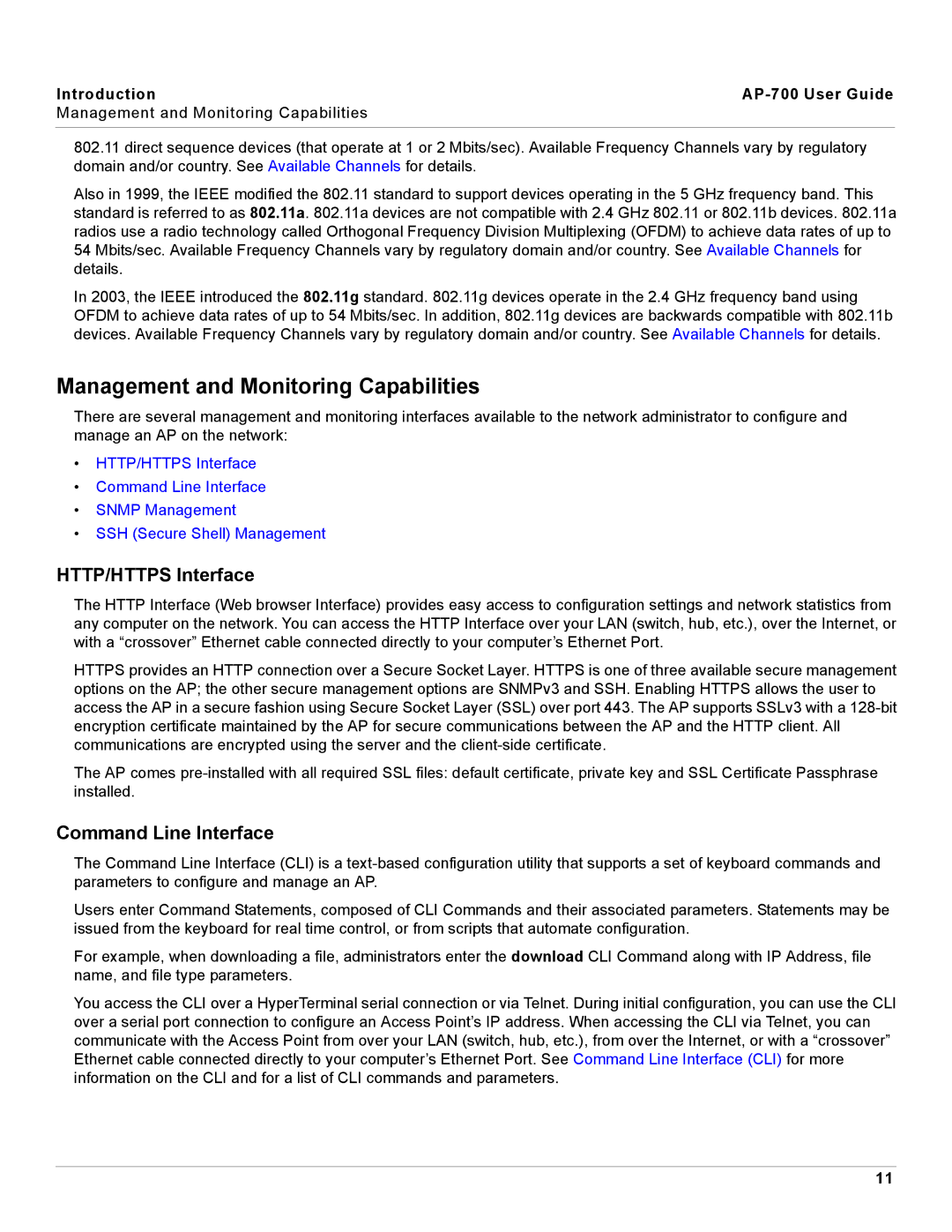 Proxim AP-700 manual Management and Monitoring Capabilities, HTTP/HTTPS Interface, Command Line Interface 