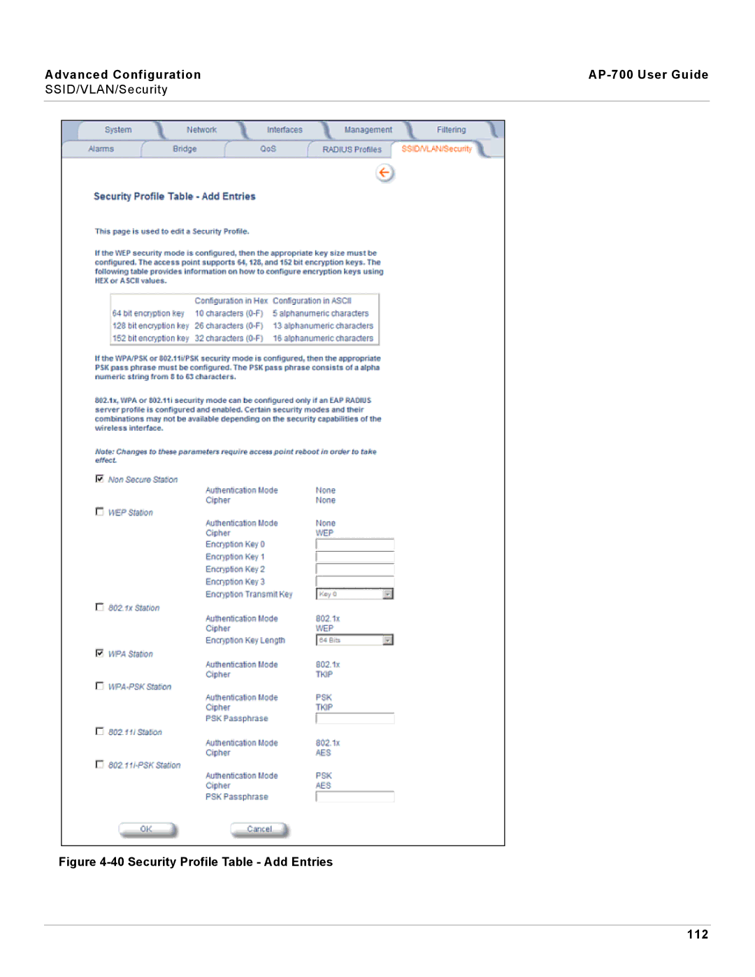 Proxim AP-700 manual Security Profile Table Add Entries 112 