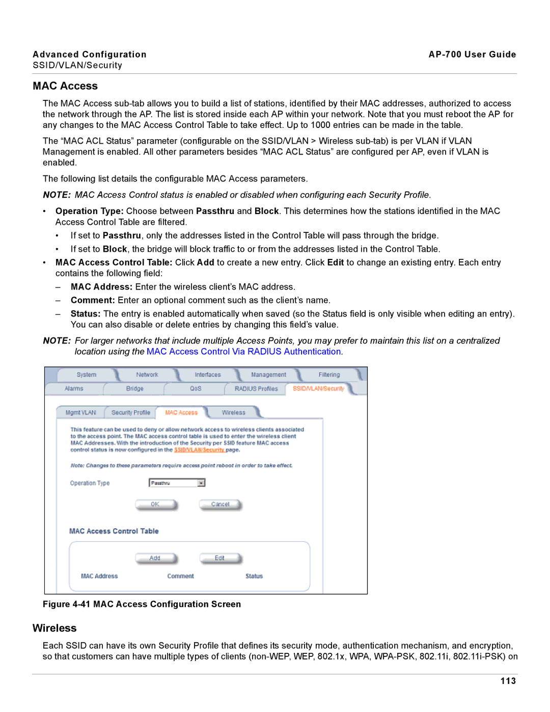 Proxim AP-700 manual MAC Access, Wireless, 113 