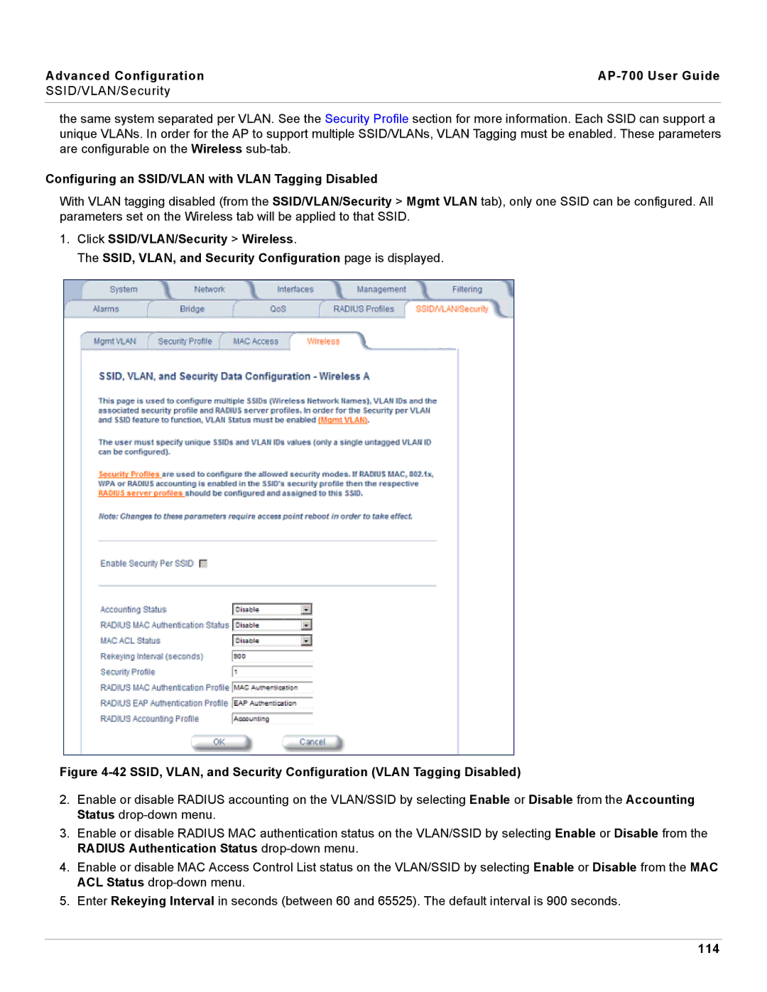 Proxim AP-700 manual Configuring an SSID/VLAN with Vlan Tagging Disabled, 114 