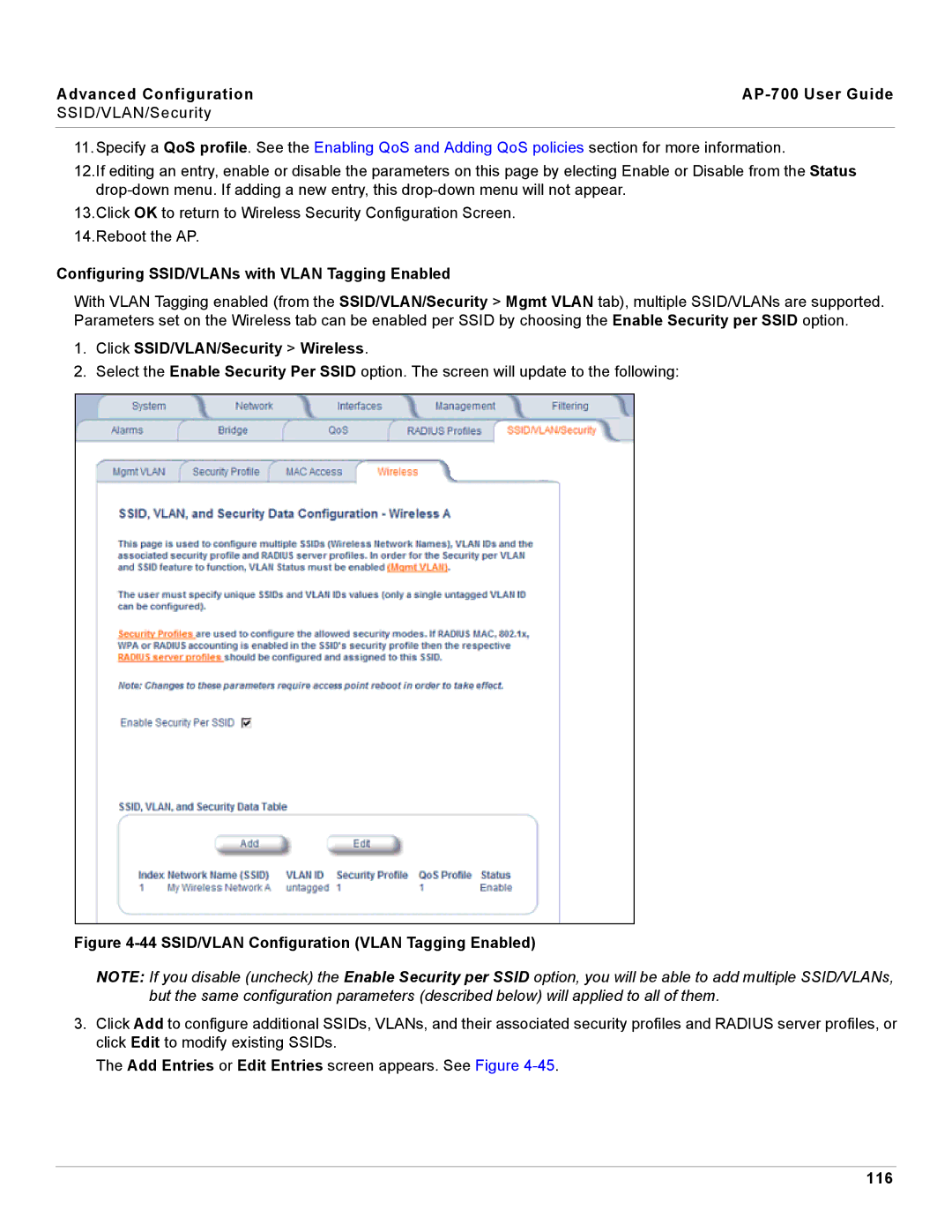 Proxim AP-700 manual Configuring SSID/VLANs with Vlan Tagging Enabled, Click SSID/VLAN/Security Wireless, 116 