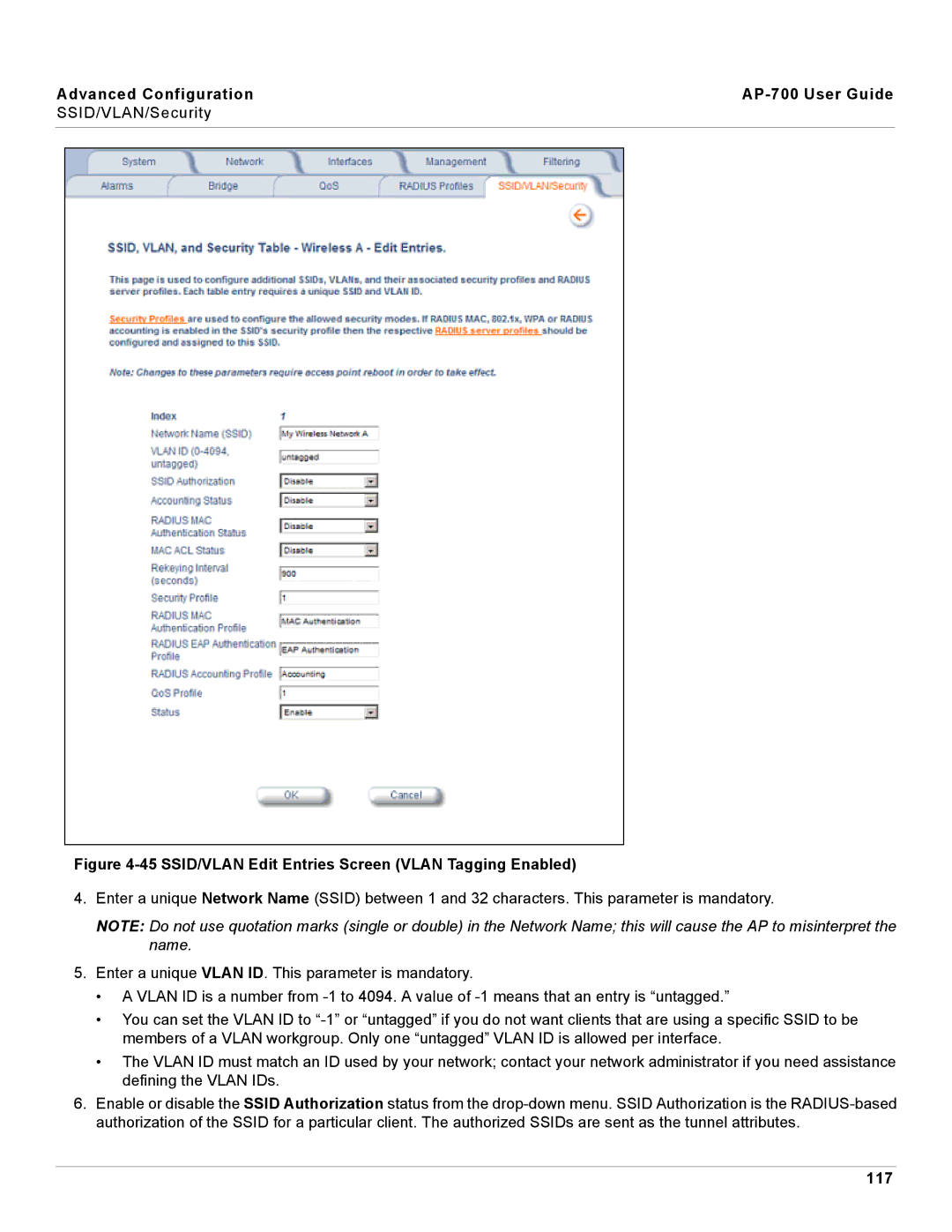 Proxim AP-700 manual SSID/VLAN Edit Entries Screen Vlan Tagging Enabled, 117 