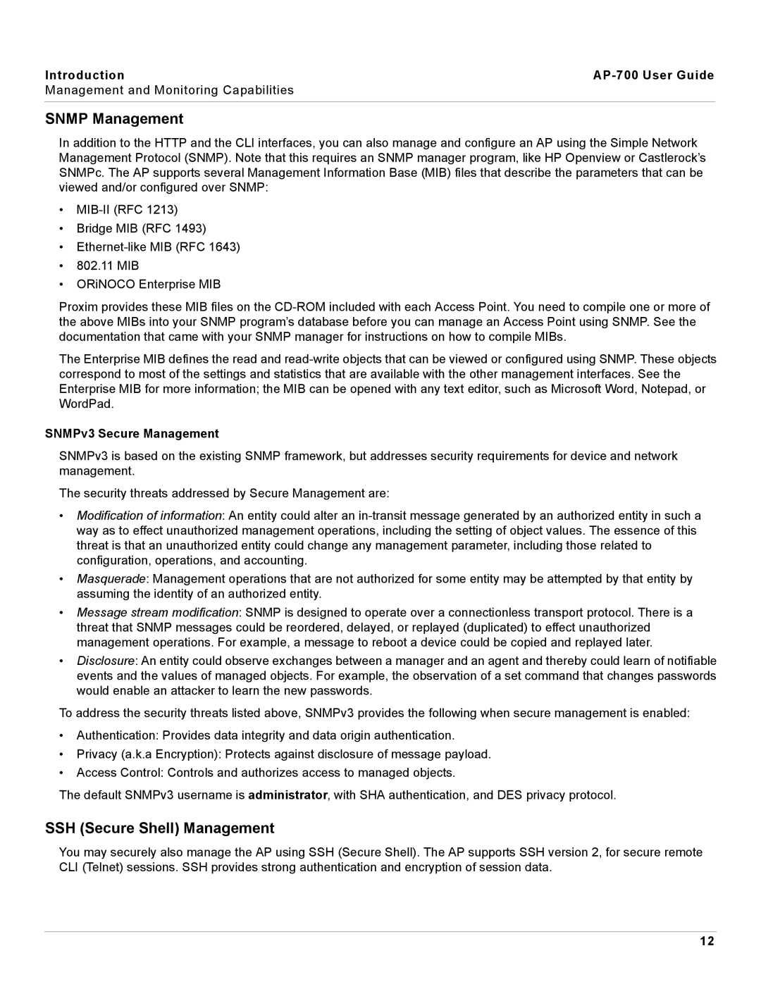 Proxim AP-700 manual Snmp Management, SSH Secure Shell Management, SNMPv3 Secure Management 