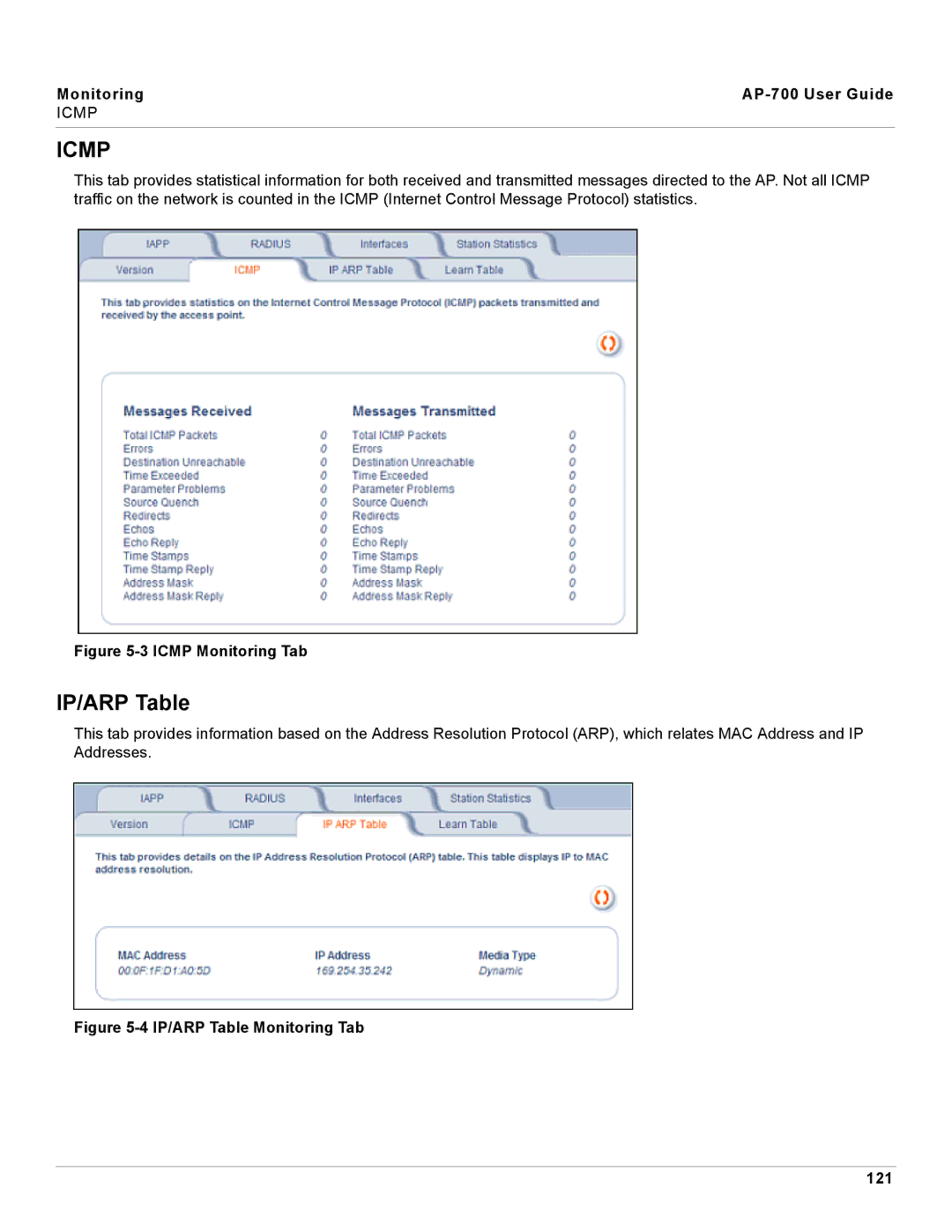 Proxim AP-700 manual IP/ARP Table, Icmp Monitoring Tab 