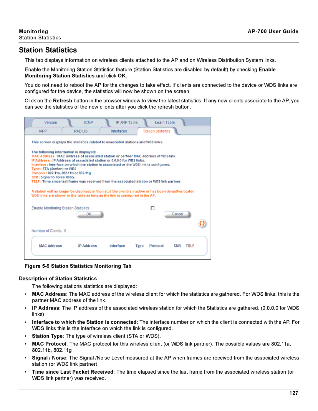 Proxim AP-700 manual Station Statistics, 127 