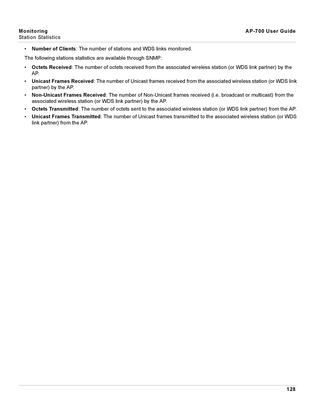 Proxim manual Monitoring AP-700 User Guide Station Statistics, 128 