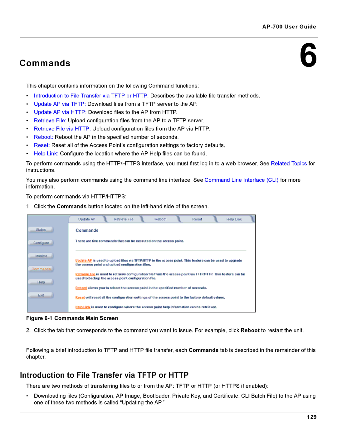 Proxim AP-700 manual Commands, Introduction to File Transfer via Tftp or Http, 129 