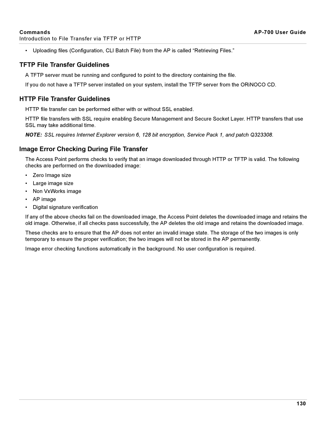 Proxim AP-700 Tftp File Transfer Guidelines, Http File Transfer Guidelines, Image Error Checking During File Transfer, 130 