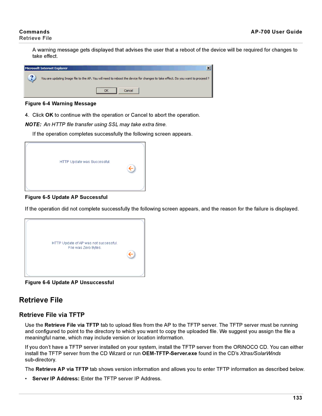 Proxim manual Retrieve File via Tftp, Commands AP-700 User Guide Retrieve File, 133 