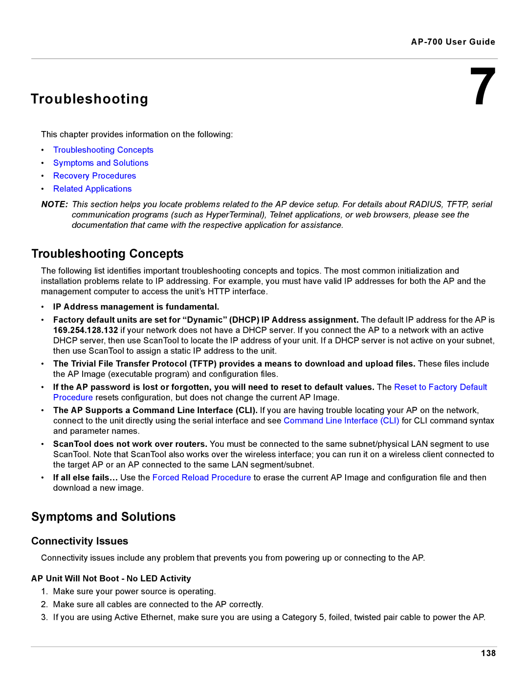 Proxim AP-700 manual Troubleshooting Concepts, Symptoms and Solutions, Connectivity Issues 