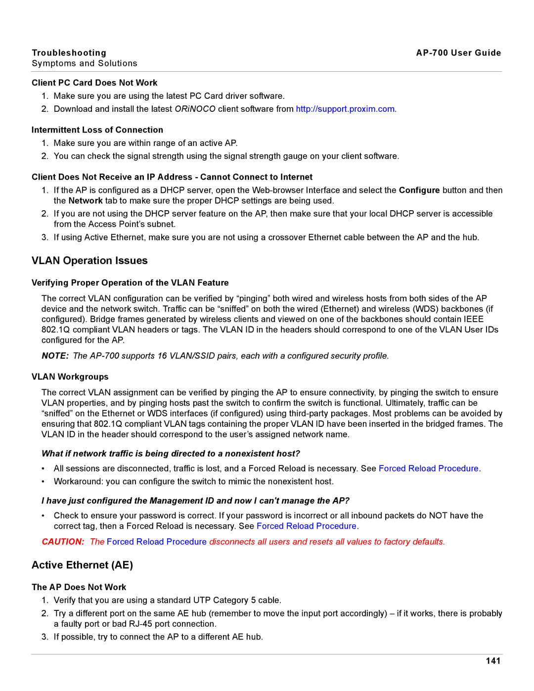 Proxim AP-700 manual Vlan Operation Issues, Active Ethernet AE 