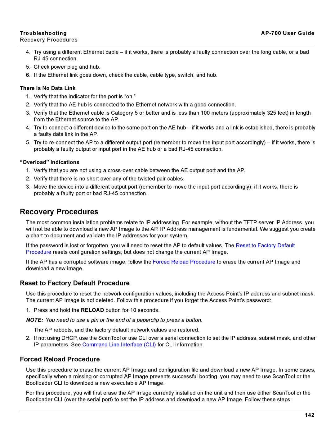 Proxim AP-700 manual Recovery Procedures, Reset to Factory Default Procedure, Forced Reload Procedure 