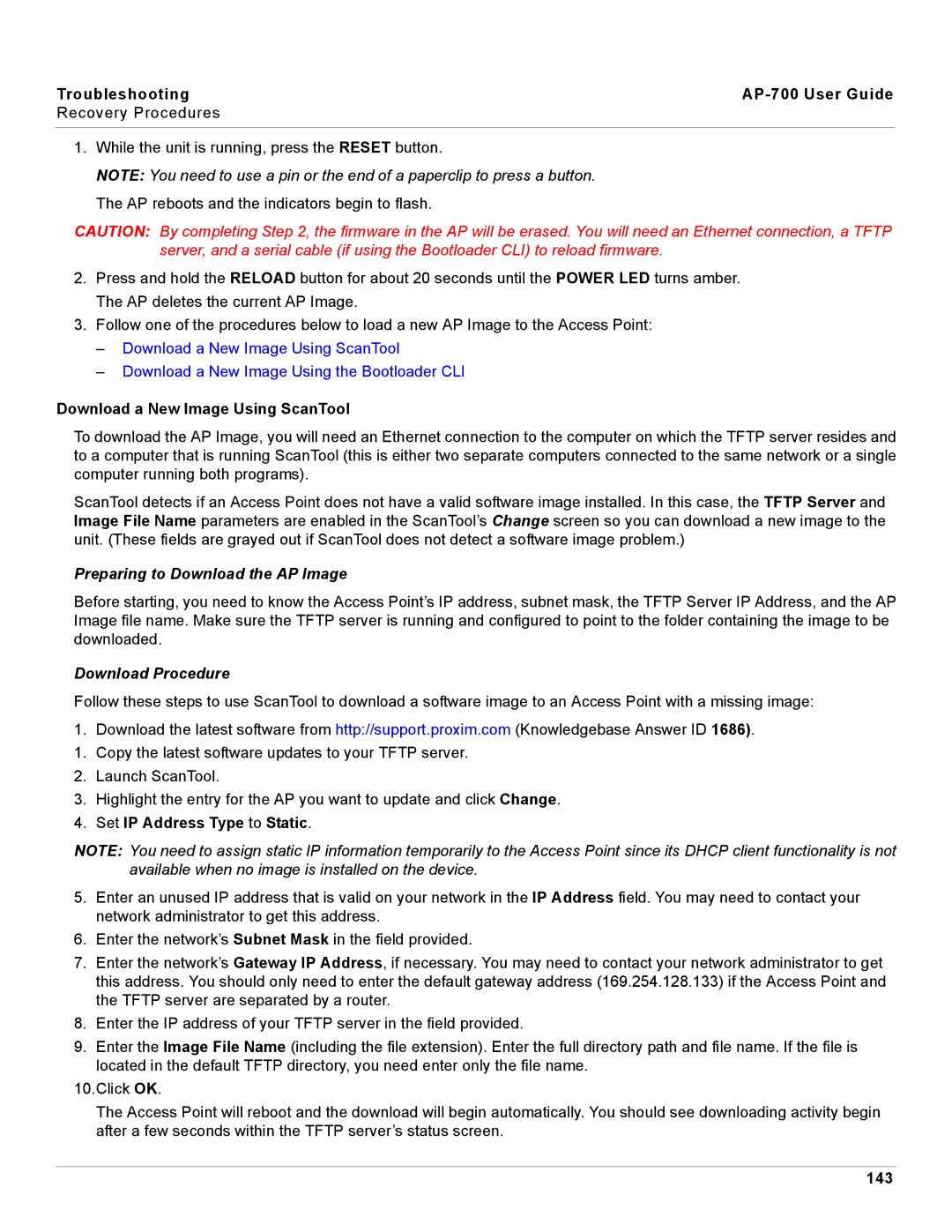 Proxim AP-700 manual Download a New Image Using ScanTool, Preparing to Download the AP Image, Download Procedure, 143 