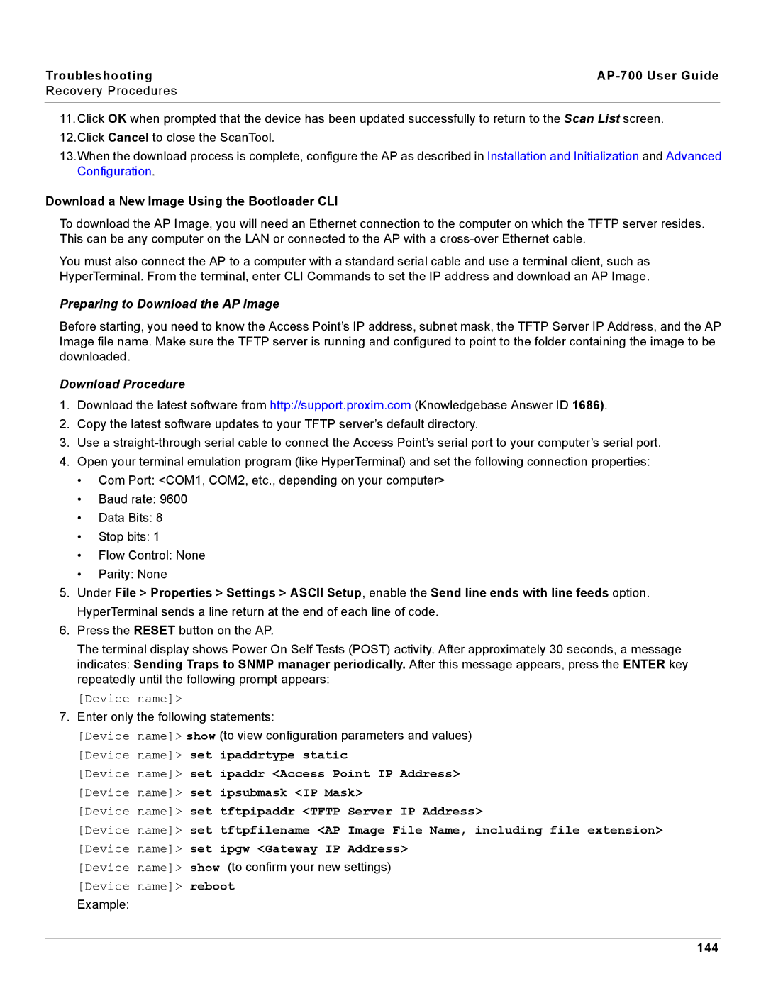 Proxim AP-700 manual Download a New Image Using the Bootloader CLI, 144 