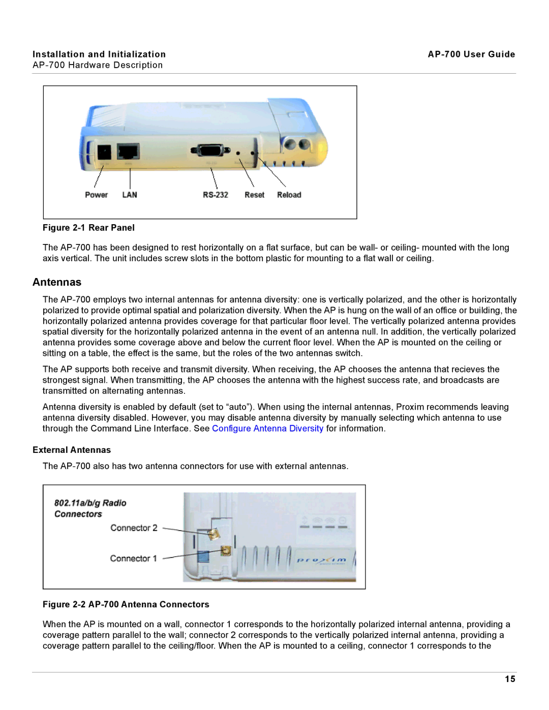 Proxim manual Installation and Initialization AP-700 User Guide, External Antennas 