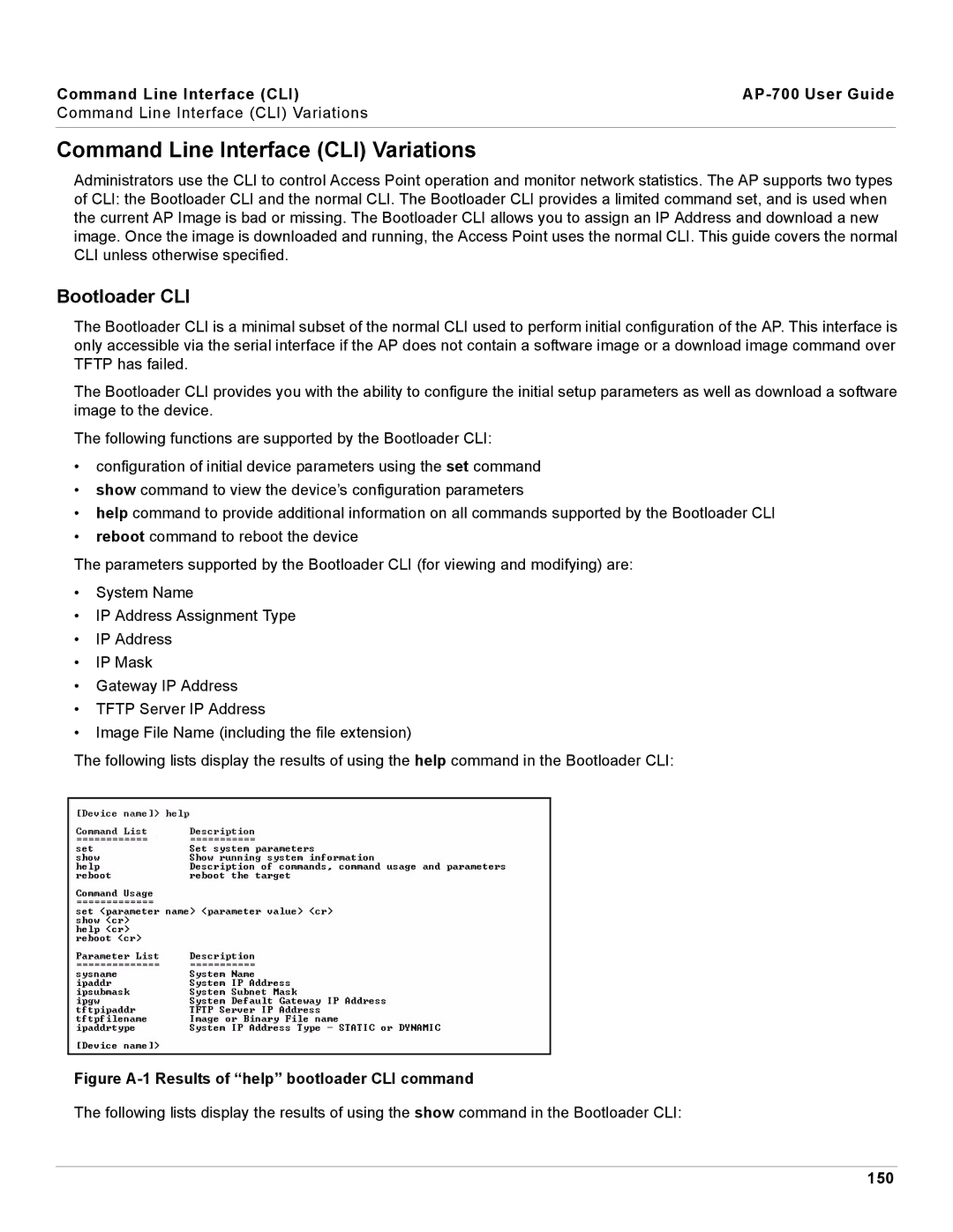 Proxim manual Command Line Interface CLI Variations, Bootloader CLI, Command Line Interface CLI AP-700 User Guide, 150 