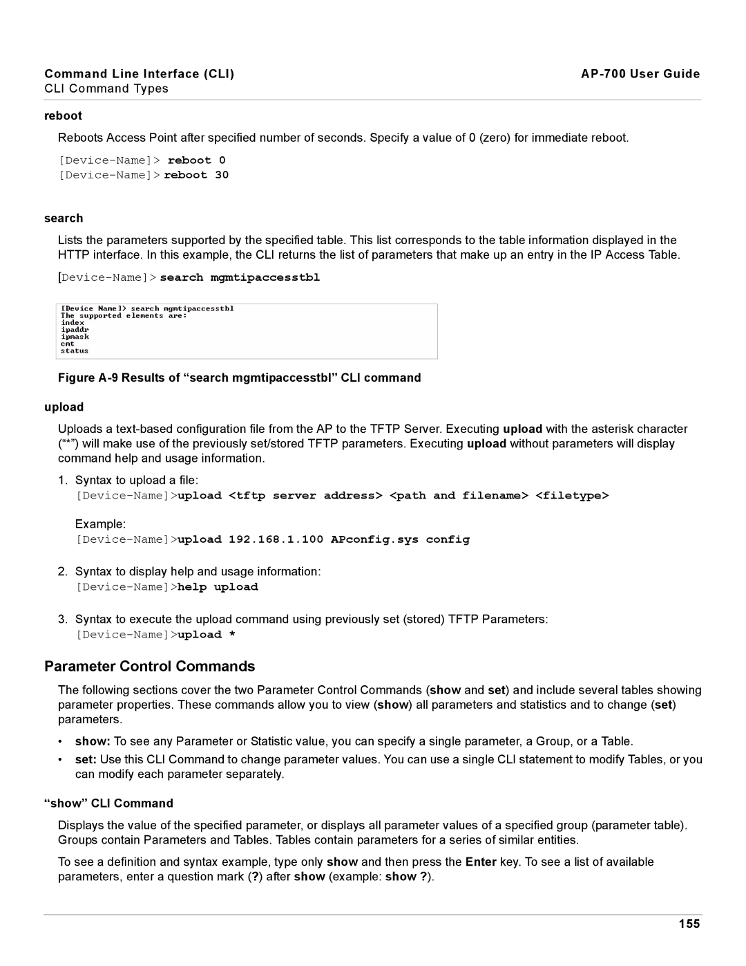 Proxim AP-700 manual Parameter Control Commands, Search, Show CLI Command, 155 