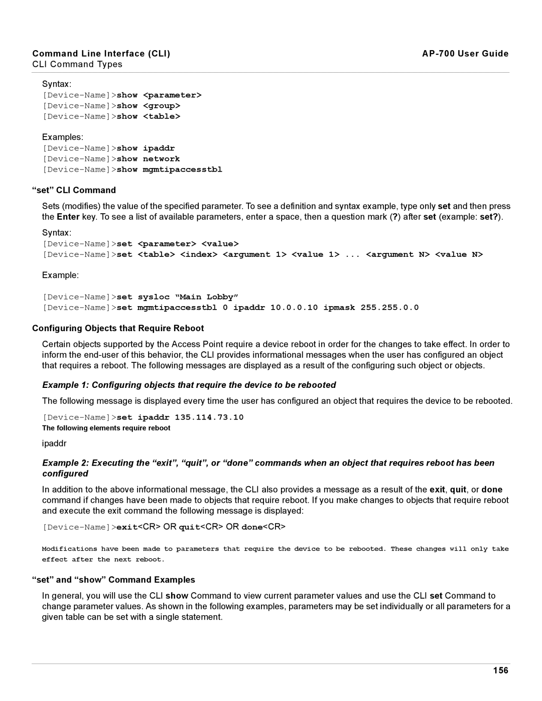 Proxim AP-700 manual Set CLI Command, Configuring Objects that Require Reboot, Set and show Command Examples, 156 