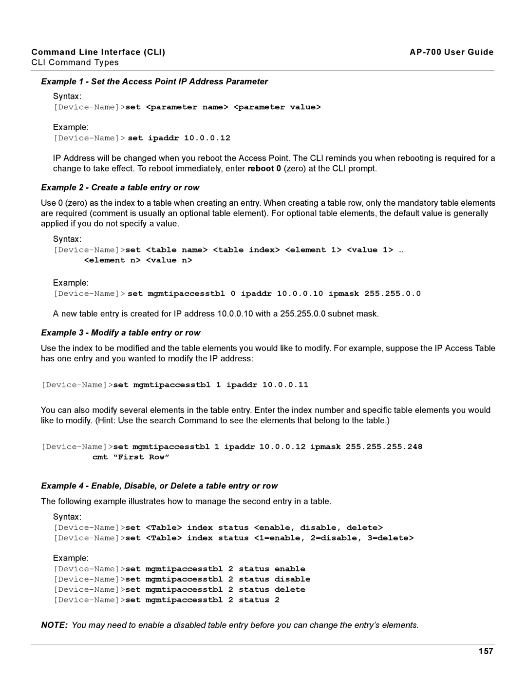 Proxim AP-700 manual Example 1 Set the Access Point IP Address Parameter, Example 2 Create a table entry or row, 157 