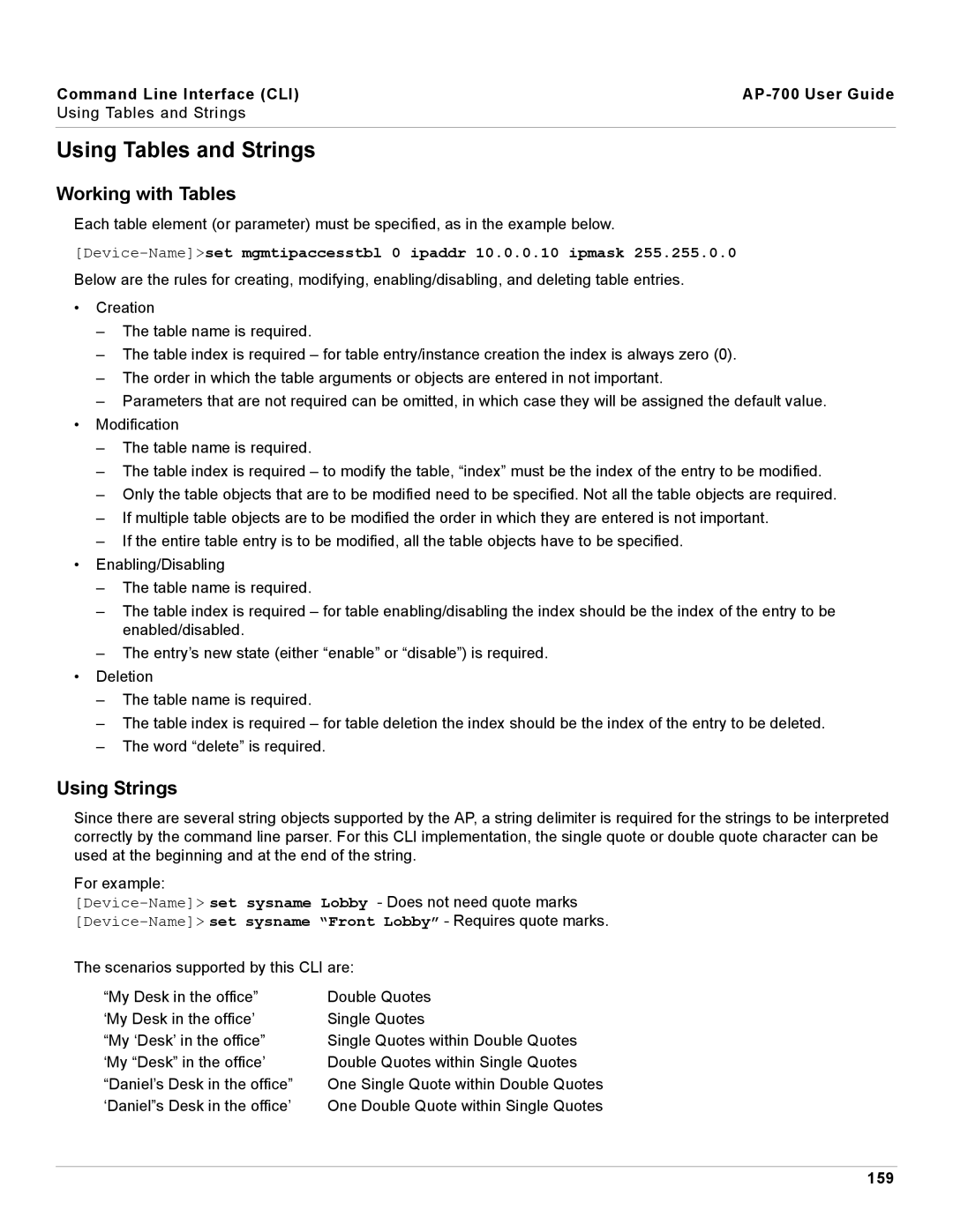 Proxim AP-700 manual Using Tables and Strings, Working with Tables, Using Strings, 159 